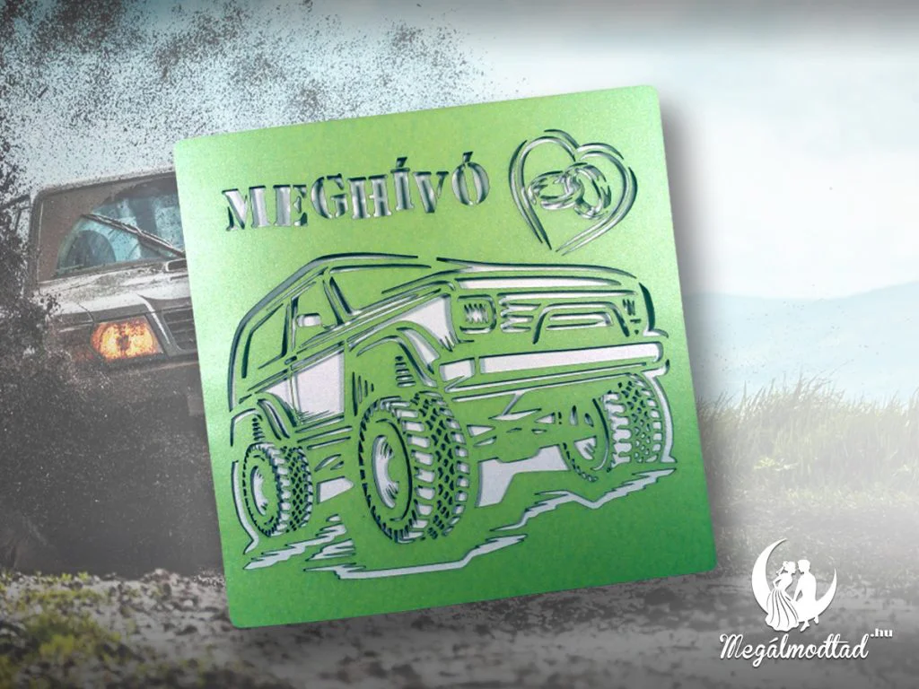 Kinyitható off-road esküvői meghívó terepjáró motívummal.
