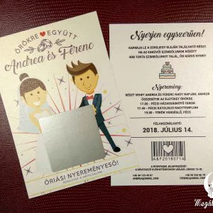 kaparós sorsjegy esküvői meghívó, pár tartja a kaparós részt