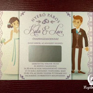 Egyoldalas kaparós sorsjegy esküvői meghívó, pár neve kiemelve