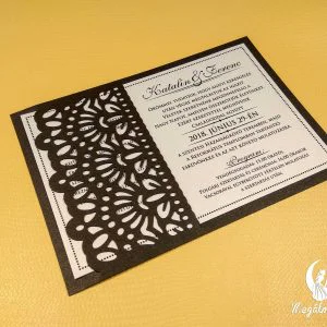 Csipke mintás kihúzható lézervágott esküvői meghívó csoki kartonból