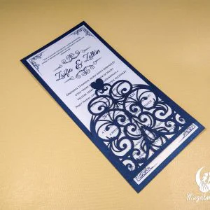 Indás kihúzható lézervágott esküvői meghívó sötétkék kartonból