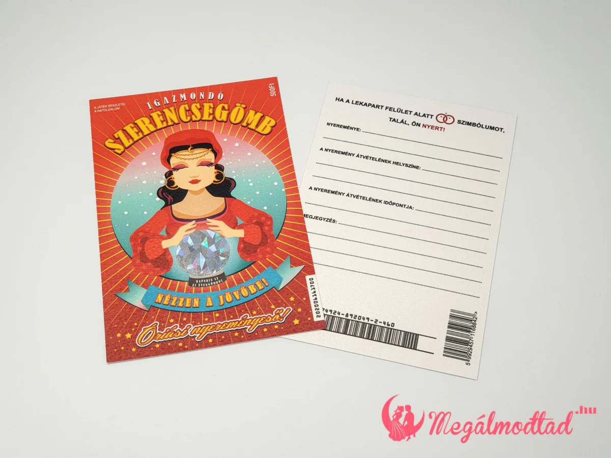 Kaparós sorsjegy esküvői meghívó jósnő grafikával és kör alakú kaparófelülettel