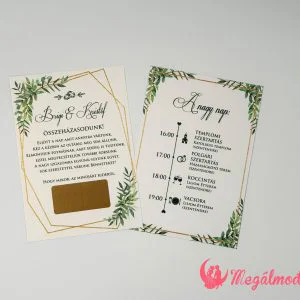 Kaparós sorsjegy esküvői meghívó téglalap kaparómezővel, felfedett esküvői részletekkel