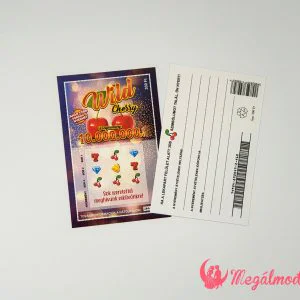 Kaparós sorsjegy esküvői meghívó Wild Cherry nyerőgépes dizájnnal, kaparófelülettel az esküvői meghívás szövegéhez