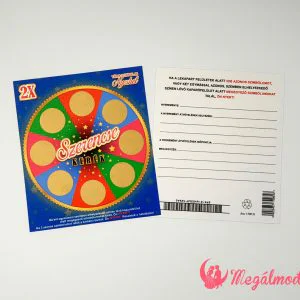 Látványos szerencsekerék kaparós sorsjegy esküvői meghívó, egyedi dizájn 8 kaparómezővel és esküvői szimbólumokkal