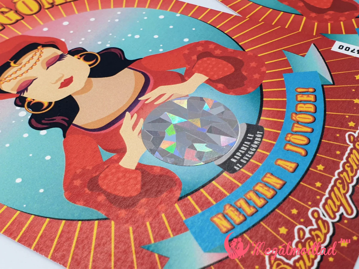 Kaparós sorsjegy esküvői meghívó jósnő grafikával