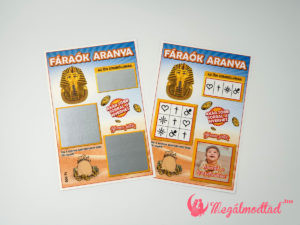 Fáraók aranya keresztszülő felkérő kaparós sorsjegy, egyedi tervezéssel és három lekaparható felülettel.