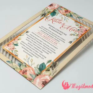 Virágos keretes lézervágott esküvői meghívó, színes virág motívumokkal, gyöngyház fényű kartonon