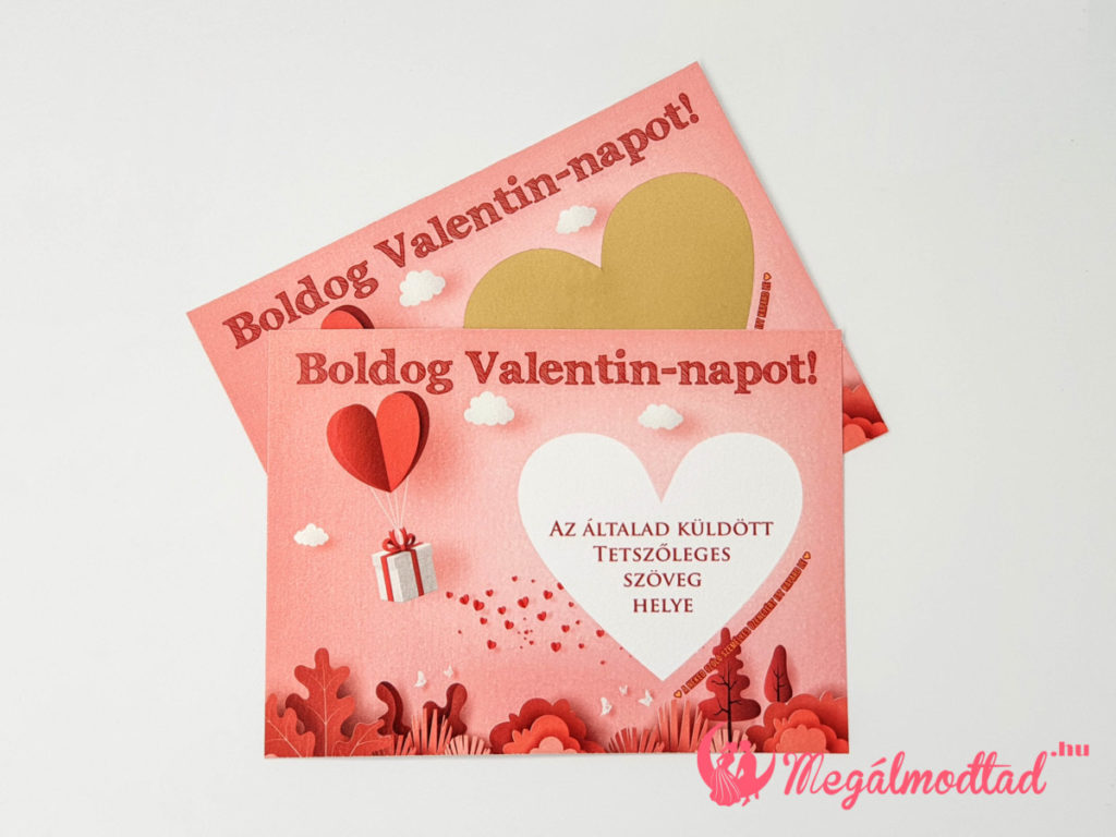 Valentin napi kaparós sorsjegy ajándékdoboz és szív mintával, rózsaszínes alapon
