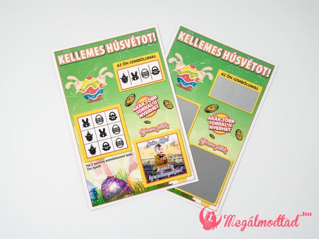 Húsvéti keresztszülő felkérő nyuszival és színes tojásokkal, három kaparós résszel