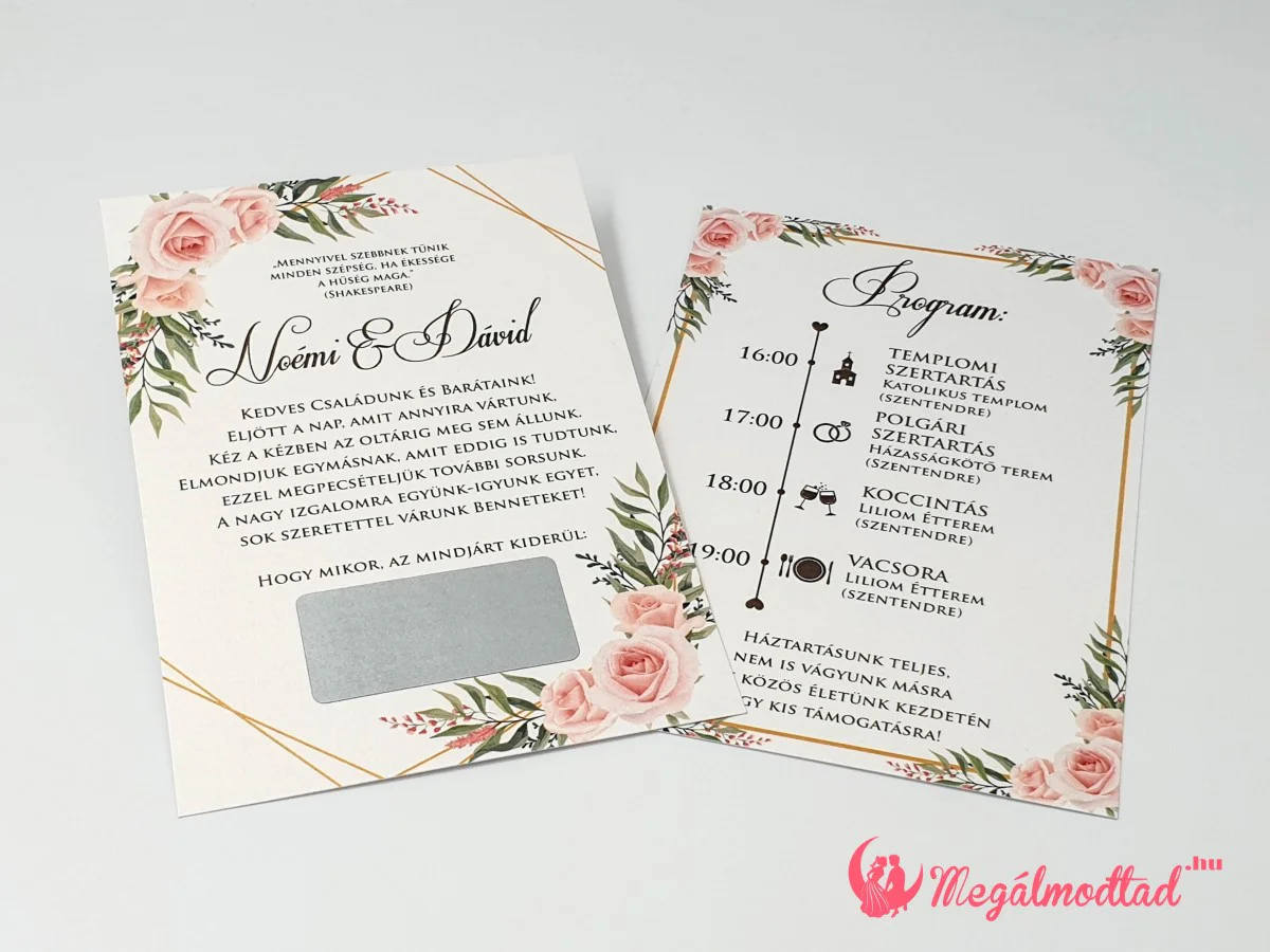 Rózsás kaparós sorsjegy esküvői meghívó téglalap kaparómezővel, felfedett esküvői részletekkel