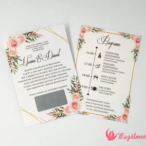 Kaparós sorsjegy esküvői meghívó rózsás akvarell virágokkal, téglalap kaparómezővel az esküvői dátum és helyszín számára