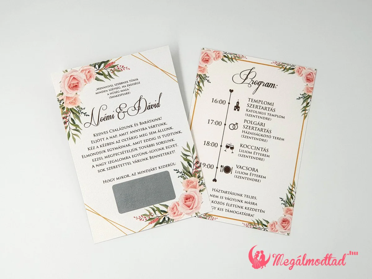 Kaparós sorsjegy esküvői meghívó rózsás akvarell virágokkal, téglalap kaparómezővel az esküvői dátum és helyszín számára