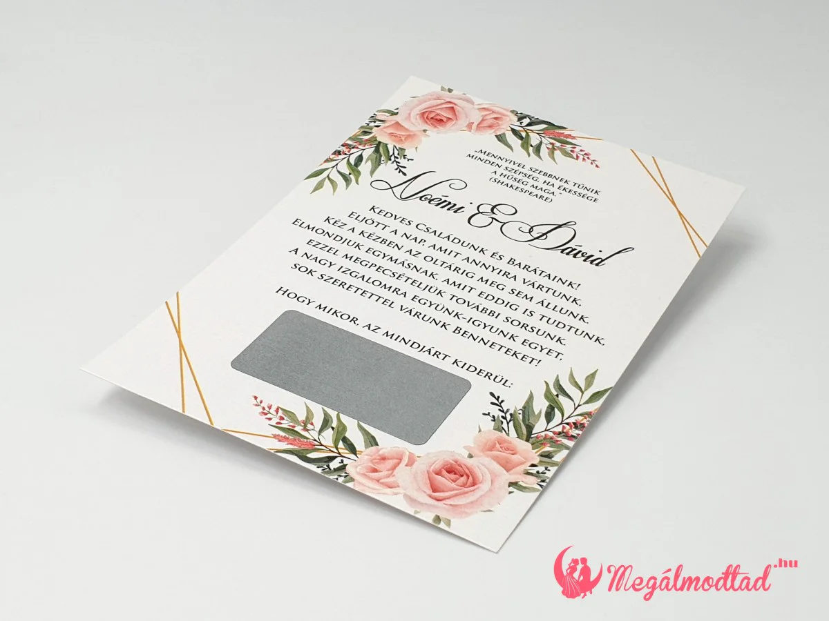Esküvői meghívó rózsás akvarell dizájnnal és téglalap alakú kaparófelülettel