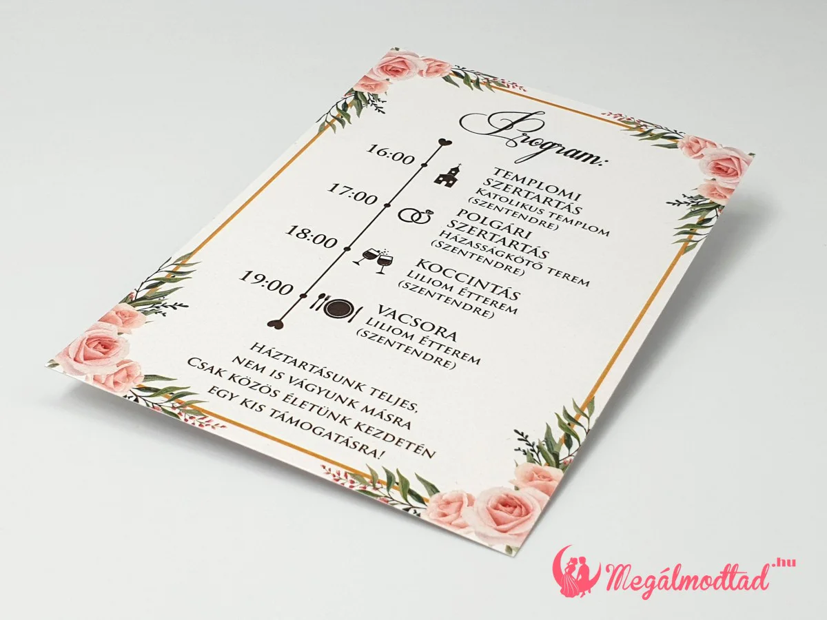 Kétoldalas rózsás kaparós sorsjegy esküvői meghívó hátoldala, idővonal piktogramokkal és személyre szabható nászajándék verssel