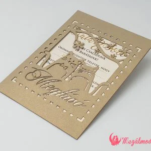 Macska páros lézervágott esküvői meghívó aranyos, virágos mintával