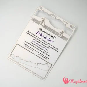 Balaton és hajó mintás lézervágott esküvői meghívó gyöngyház fényű kartonból