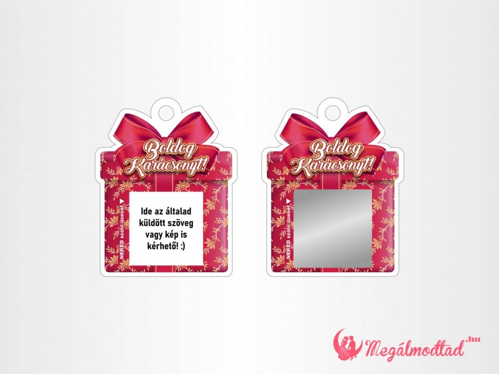 Karácsonyi ajándékdoboz kaparófelülettel és személyre szabott üzenettel, felakasztható a karácsonyfára