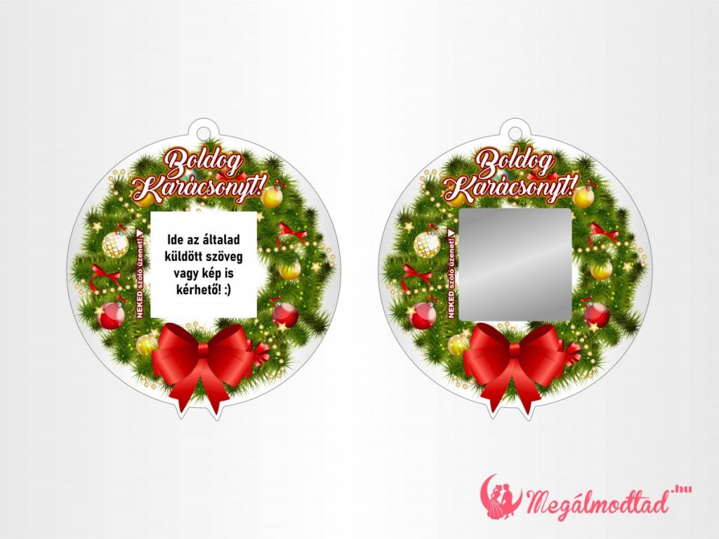 Karácsonyi koszorú arany gömbökkel, gyöngyökkel, piros masnival, kaparófelülettel és személyes üzenettel