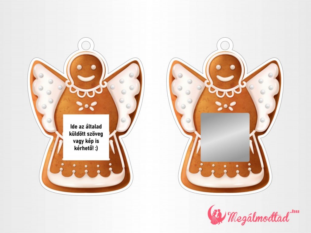 Mézeskalács angyalka formájú karácsonyi dísz kaparófelülettel és személyes üzenettel