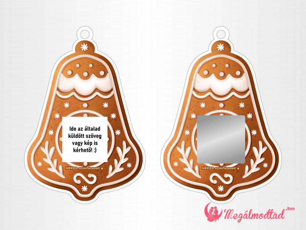 Mézeskalács csengő formájú karácsonyi dísz kaparófelülettel és személyre szabott üzenettel