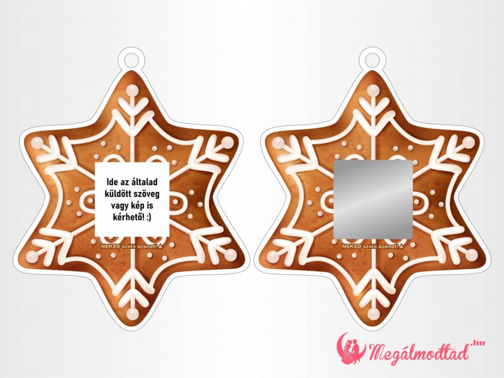 Mézeskalács csillag formájú karácsonyi dísz kaparófelülettel és személyes üzenettel