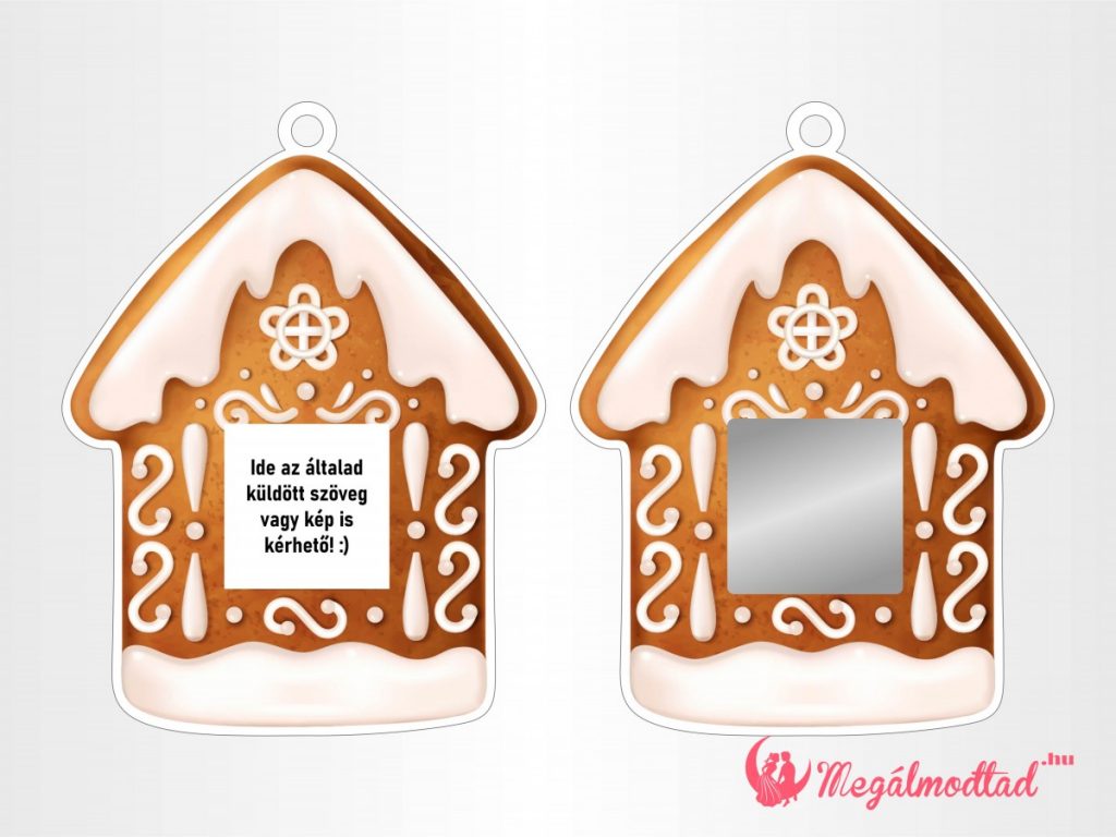 Mézeskalács ház formájú karácsonyi dísz kaparófelülettel és személyre szabott üzenettel