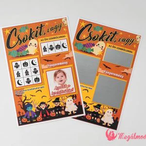 Halloween tematikájú Csokit vagy csalunk keresztszülő felkérő egy kaparós felülettel