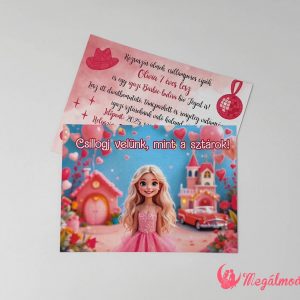 Barbie szülinapi meghívó gyerekeknek, 11x15 cm-es, kétoldalas, gyöngyházfényű kartonra nyomtatva
