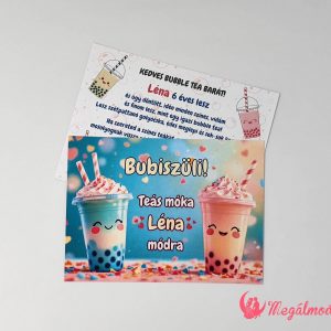 Bubble Tea szülinapi meghívó gyerekeknek, 11x15 cm-es, kétoldalas, gyöngyházfényű kartonra nyomtatva