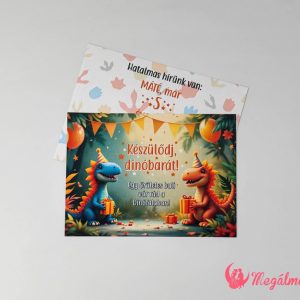 Dínós szülinapi meghívó 11x15 cm-es, kétoldalas, gyöngyházfényű kartonra nyomtatva