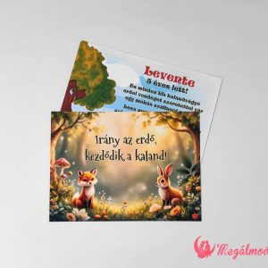 Erdei kaland szülinapi meghívó rókával és nyuszival, gyerekeknek készült, kétoldalas, prémium kartonra nyomtatva