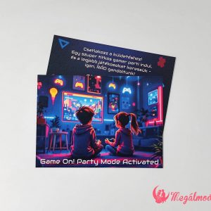Gamer szülinapi meghívó gyerekeknek, 11x15 cm-es, kétoldalas, gyöngyházfényű kartonra nyomtatva