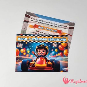 Gokartos szülinapi meghívó gyerekeknek, 11x15 cm-es, kétoldalas, gyöngyházfényű kartonra nyomtatva