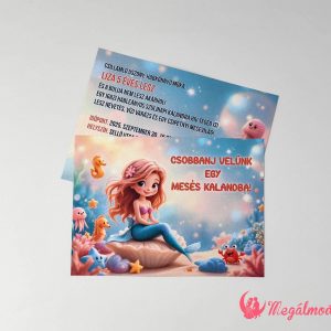 Hableányos szülinapi meghívó gyerekeknek, 11x15 cm-es, kétoldalas, gyöngyházfényű kartonra nyomtatva