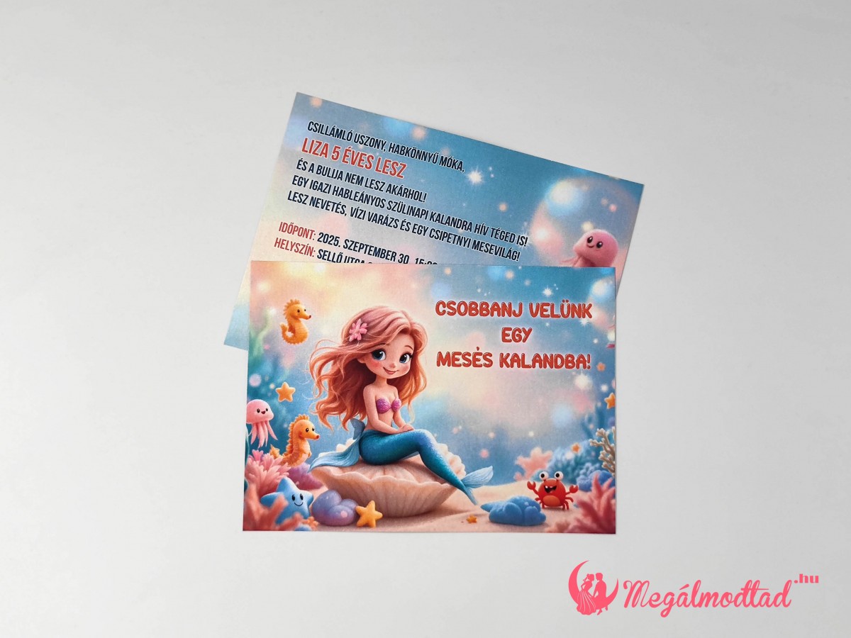 Hableányos szülinapi meghívó gyerekeknek, 11x15 cm-es, kétoldalas, gyöngyházfényű kartonra nyomtatva