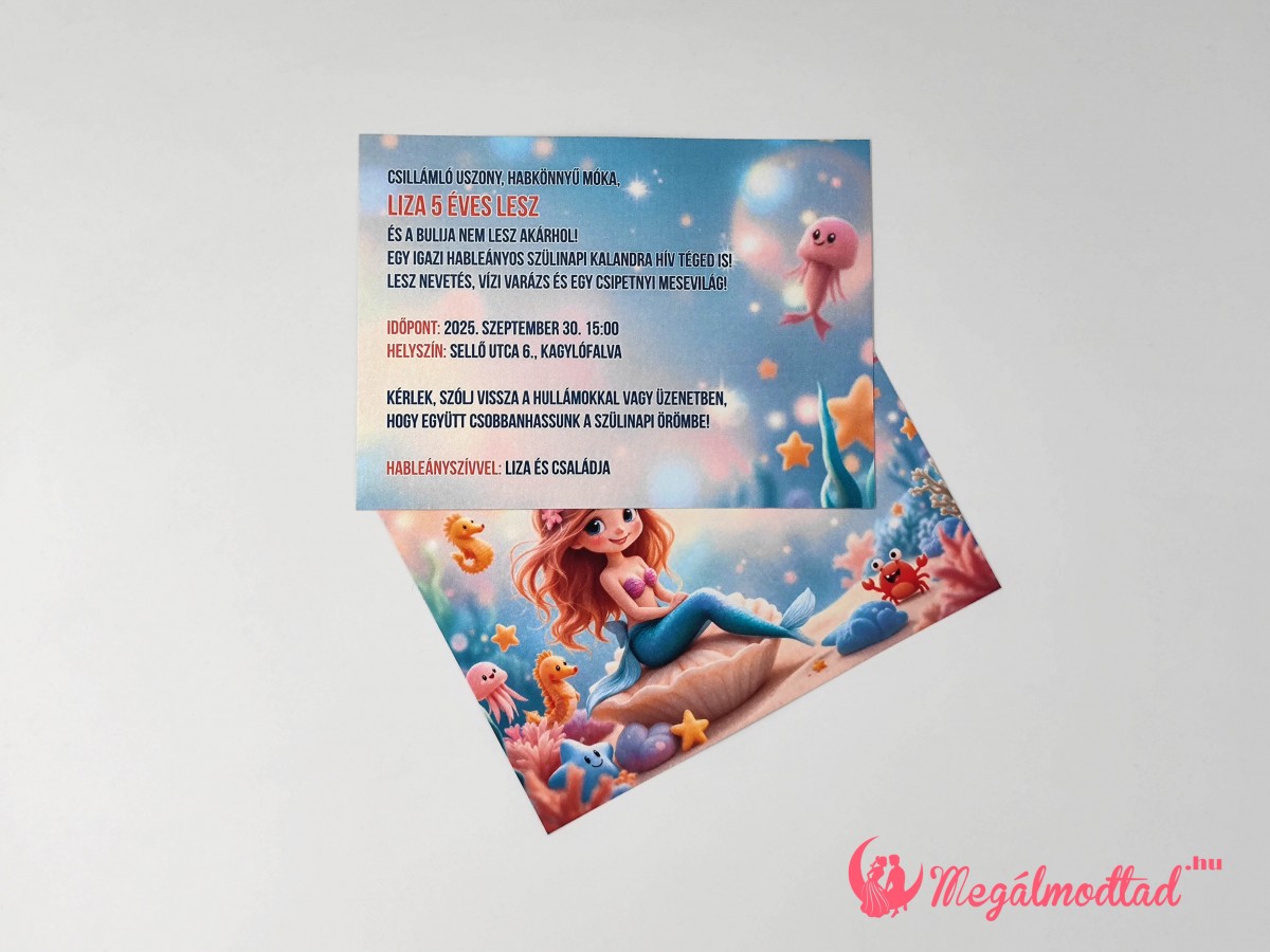 Hableányos szülinapi meghívó gyerekeknek, 11x15 cm-es, kétoldalas, gyöngyházfényű kartonra nyomtatva