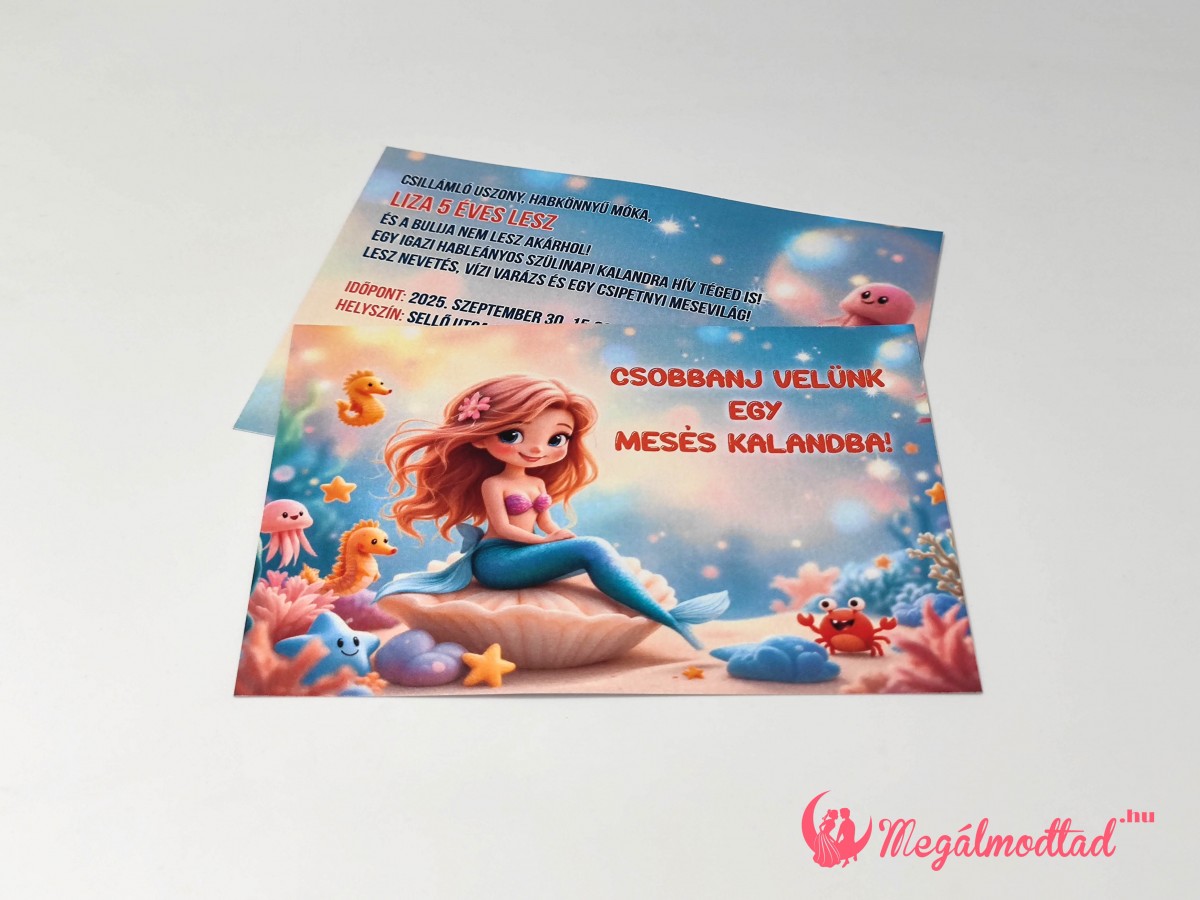 Hableányos szülinapi meghívó gyerekeknek, 11x15 cm-es, kétoldalas, gyöngyházfényű kartonra nyomtatva