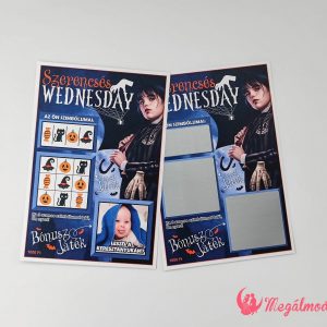 Halloween ihlette Wednesday keresztszülő felkérő kaparós sorsjegy Wednesday Addams dizájnnal, 3 kaparófelülettel.