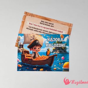 Kalózos szülinapi meghívó gyerekeknek, kincses térképes és hajós mintával, prémium kartonra nyomtatva