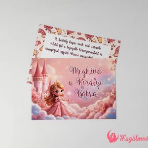Királylányos szülinapi meghívó gyerekeknek, mesés illusztrációval, prémium kartonra nyomtatva