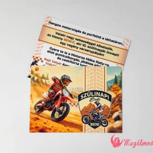 Motoros szülinapi meghívó gyerekeknek, 11x15 cm-es, kétoldalas, gyöngyházfényű kartonra nyomtatva
