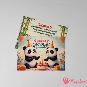 Pandás szülinapi meghívó gyerekeknek, 11x15 cm-es, kétoldalas, gyöngyházfényű kartonra nyomtatva