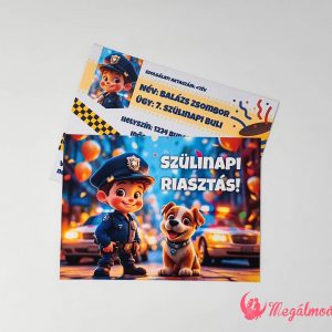 Rendőrös szülinapi meghívó gyerekeknek, 11x15 cm-es, kétoldalas, gyöngyházfényű kartonra nyomtatva