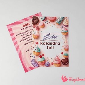 Sütibuli szülinapi meghívó gyerekeknek, cupcake, muffin és nyalóka mintával, 11x15 cm-es, kétoldalas kartonra nyomtatva