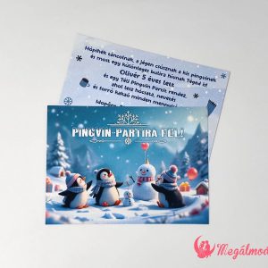 Téli pingvines szülinapi meghívó gyerekeknek, 11x15 cm-es, kétoldalas, gyöngyházfényű kartonra nyomtatva