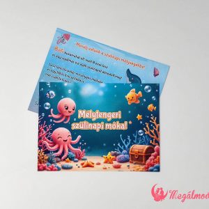 Tengeri állatos szülinapi meghívó gyerekeknek, 11x15 cm-es, kétoldalas, gyöngyházfényű kartonra nyomtatva