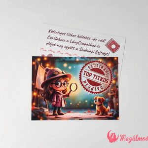 Top Secret szülinapi meghívó gyerekeknek, magánnyomozó kiscsajjal, 11x15 cm-es, kétoldalas, gyöngyházfényű kartonra nyomtatva