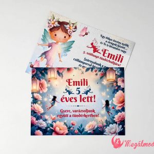 Tündérkert szülinapi meghívó gyerekeknek, 11x15 cm-es, kétoldalas, gyöngyházfényű kartonra nyomtatva