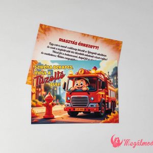 Tűzoltós szülinapi meghívó gyerekeknek, 11x15 cm-es, kétoldalas, gyöngyházfényű kartonra nyomtatva